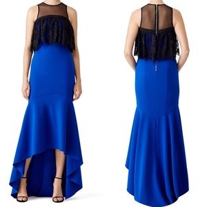 THEIA High Low Ruffle Evening Gown Formal Dress Black Blue 2 Wedding Prom NWT